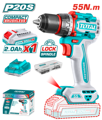 TOTAL 20V Brushless Cordless Drill with 2-Speed Gear, 55Nm Torque, LED Work Light, and 47-Piece Accessory Kit- TDLI205582