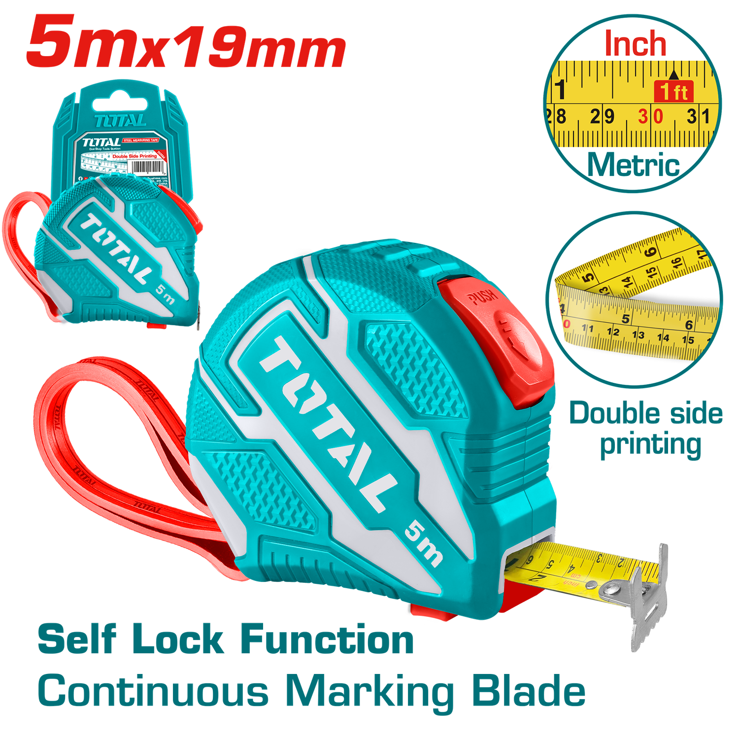 Total 5m x 19mm Self-Locking Measuring Tape with Metric &amp; Inch Scale - TMT126251