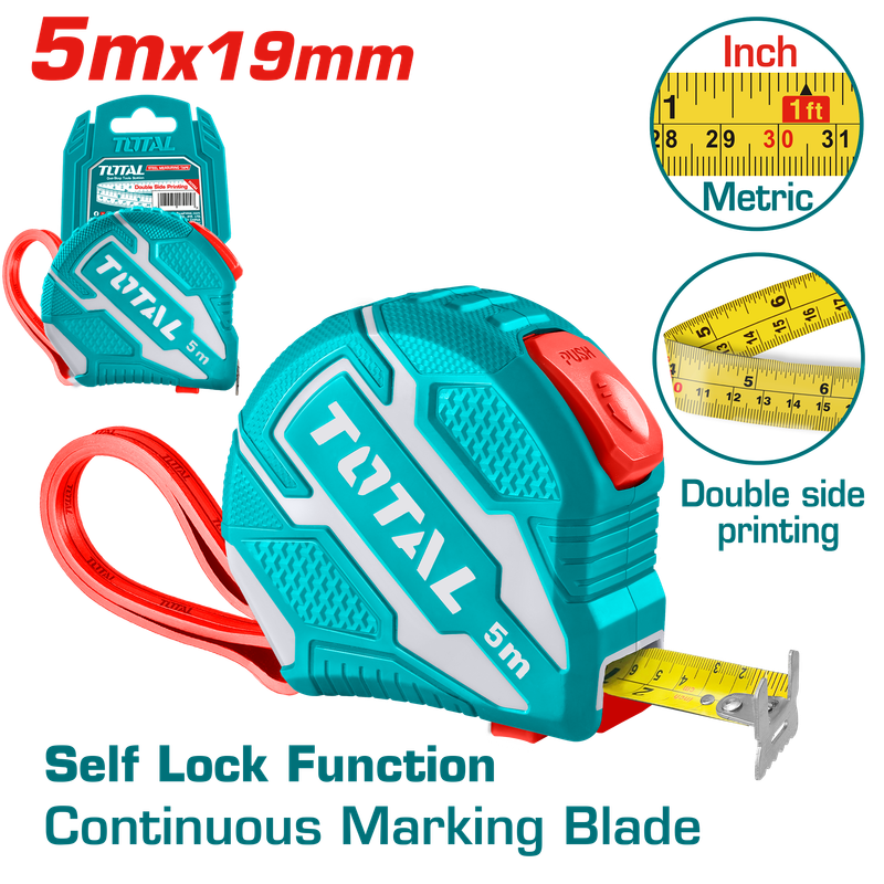 Total 5m x 19mm Self-Locking Measuring Tape with Metric &amp; Inch Scale - TMT126251