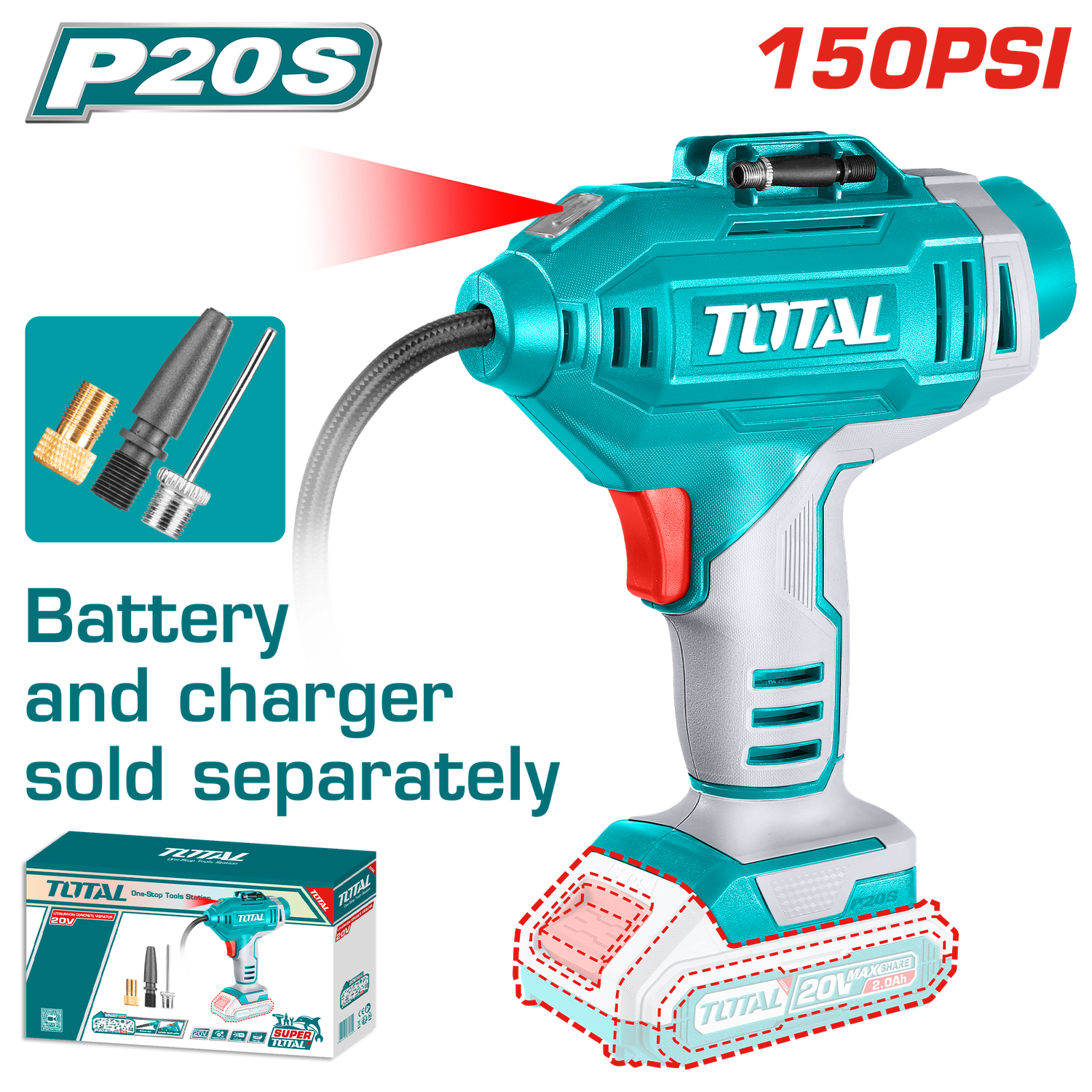 Total 20V Cordless Portable Air Compressor with LED Light &amp; 3 Adaptors - TACLI2018