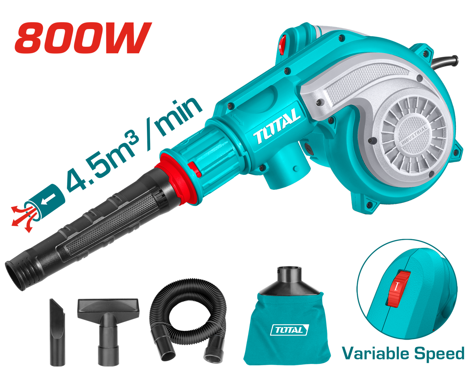 Total 800W High-Power Aspirator Blower-15000 RPM, Variable Speed, with Dust Bag &amp; Accessories-TB8036