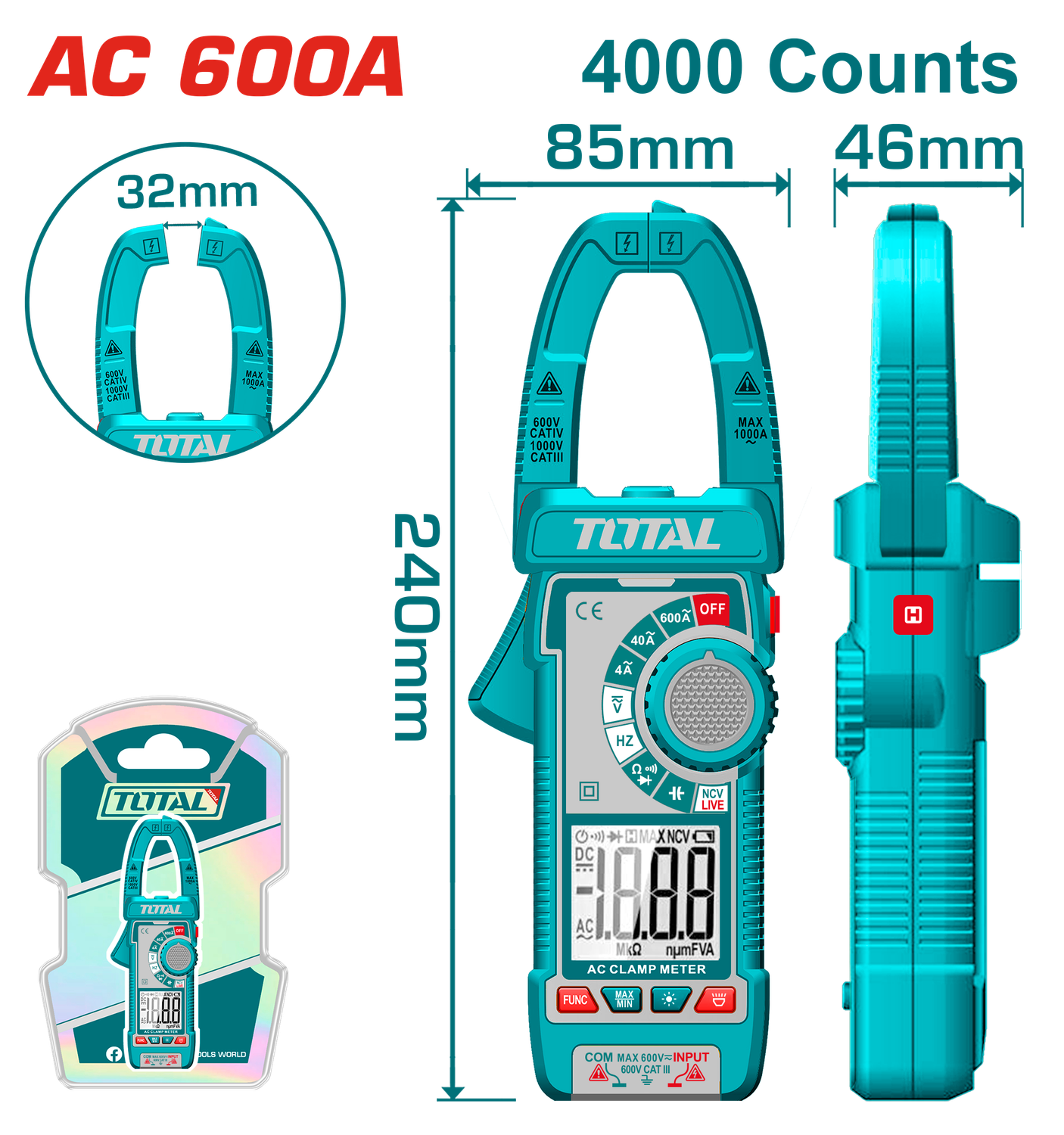Total Digital Clamp Meter – TRMS 4000 Counts, AC/DC Voltage &amp; Current, NCV, Flashlight, Auto Power Off- TMT766001