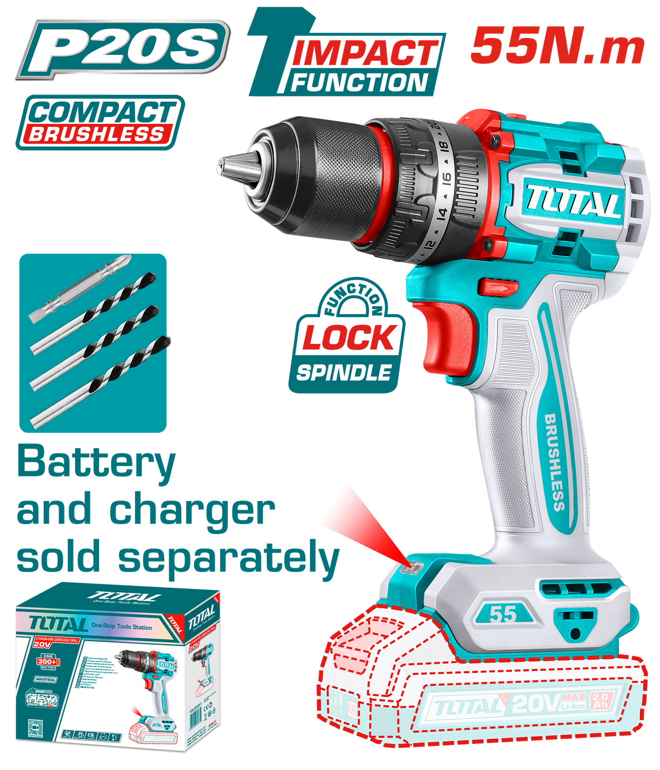 Total  20V Brushless Cordless Impact Drill – 2-Speed, 55Nm Torque, 13mm Chuck- TIDLI205581