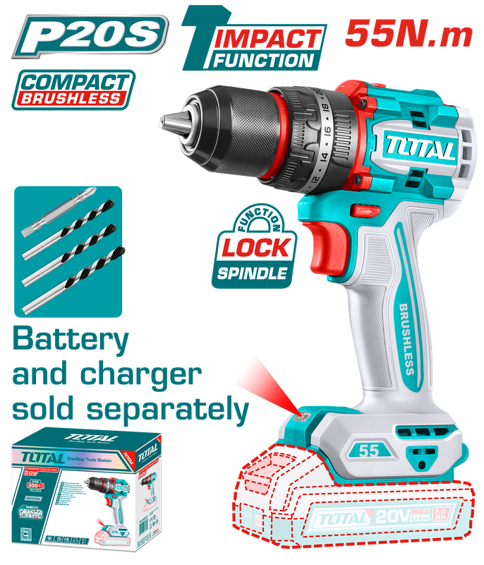Total  20V Brushless Cordless Impact Drill – 2-Speed, 55Nm Torque, 13mm Chuck- TIDLI205581