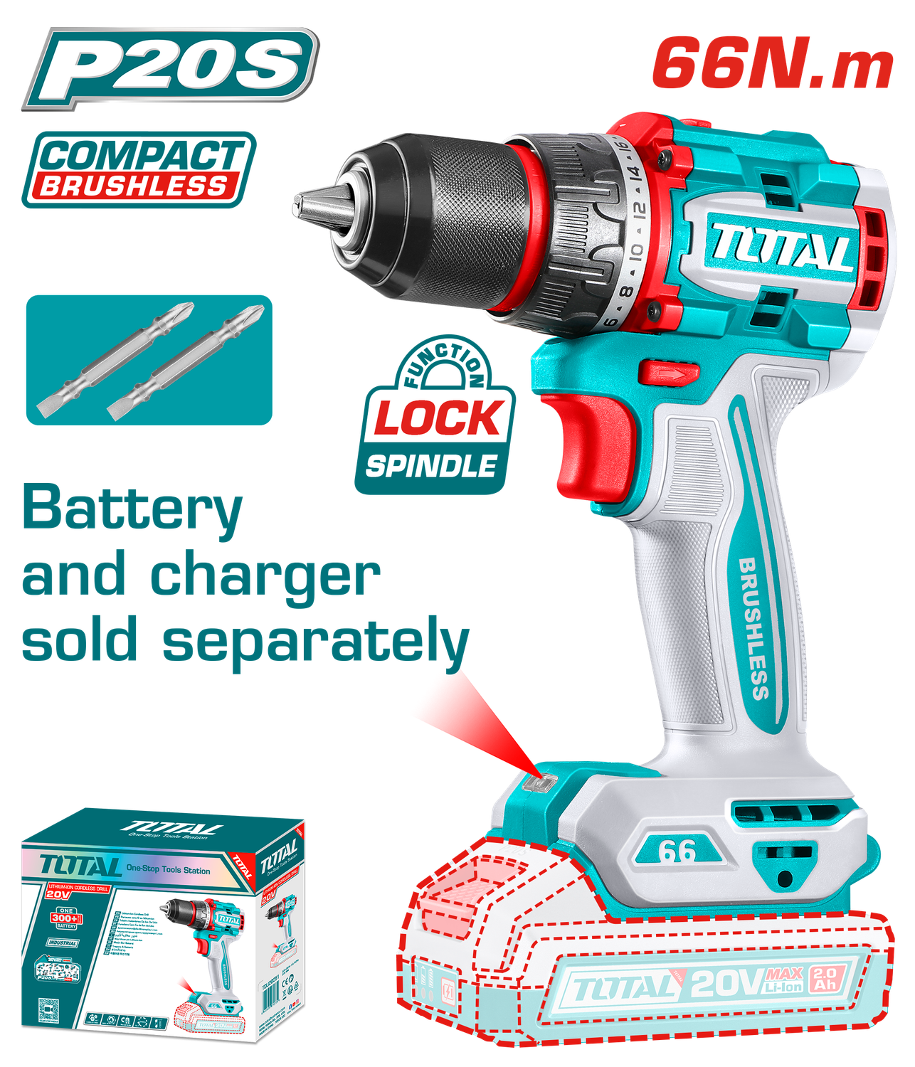 Total Tools 20V Drill with LED &amp; Metal Chuck- TDLI206681