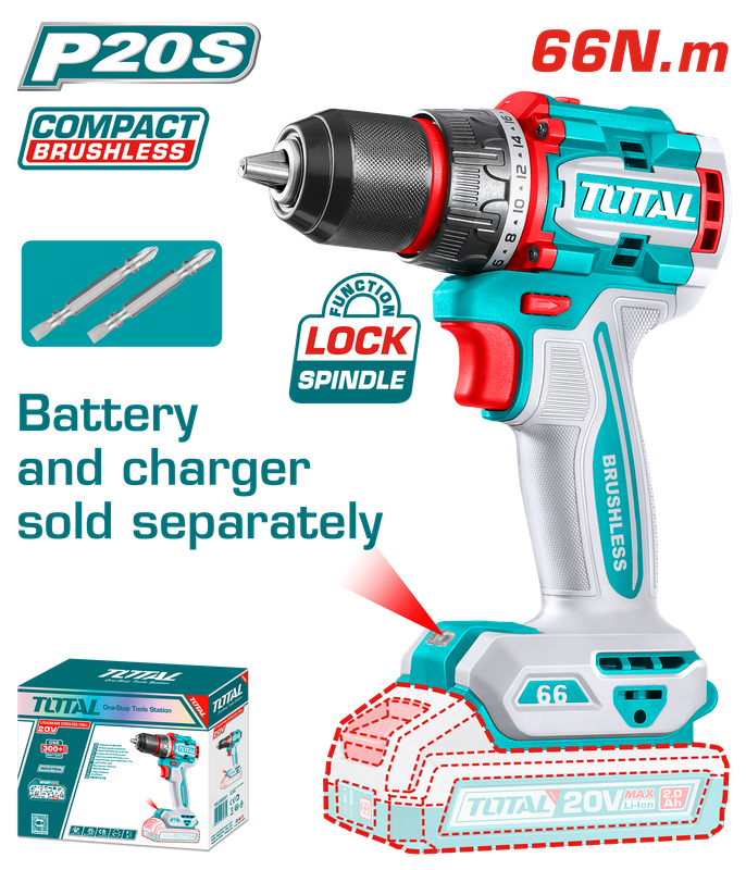Total Tools 20V Drill with LED &amp; Metal Chuck- TDLI206681