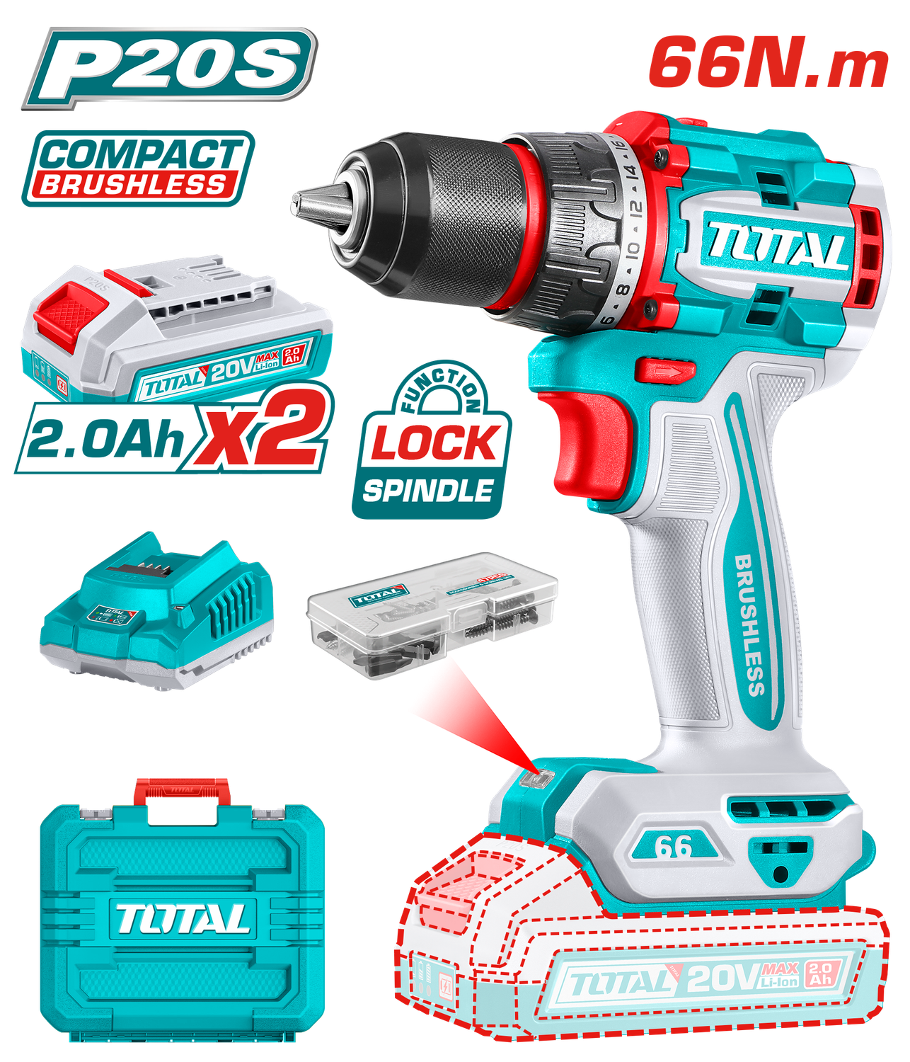 Total 20V Compact Brushless Drill with Dual Battery &amp; Kit-TDLI20668