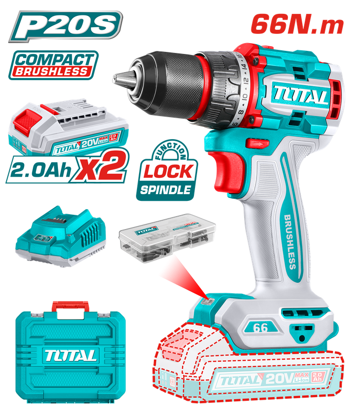 Total 20V Compact Brushless Drill with Dual Battery &amp; Kit-TDLI20668