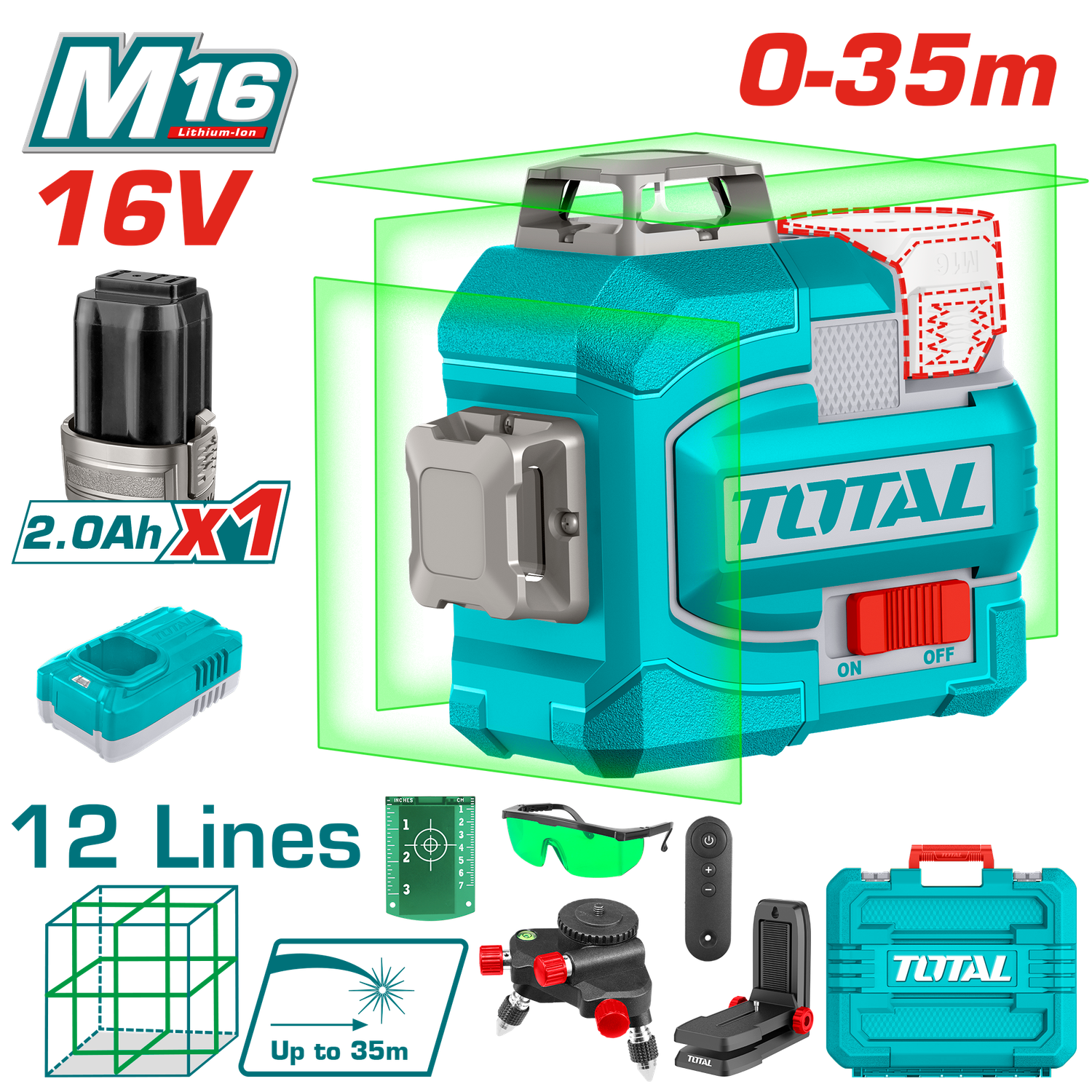 Total 3D Laser Level – 16V, Green Beam, Full Accessories- TLL301201