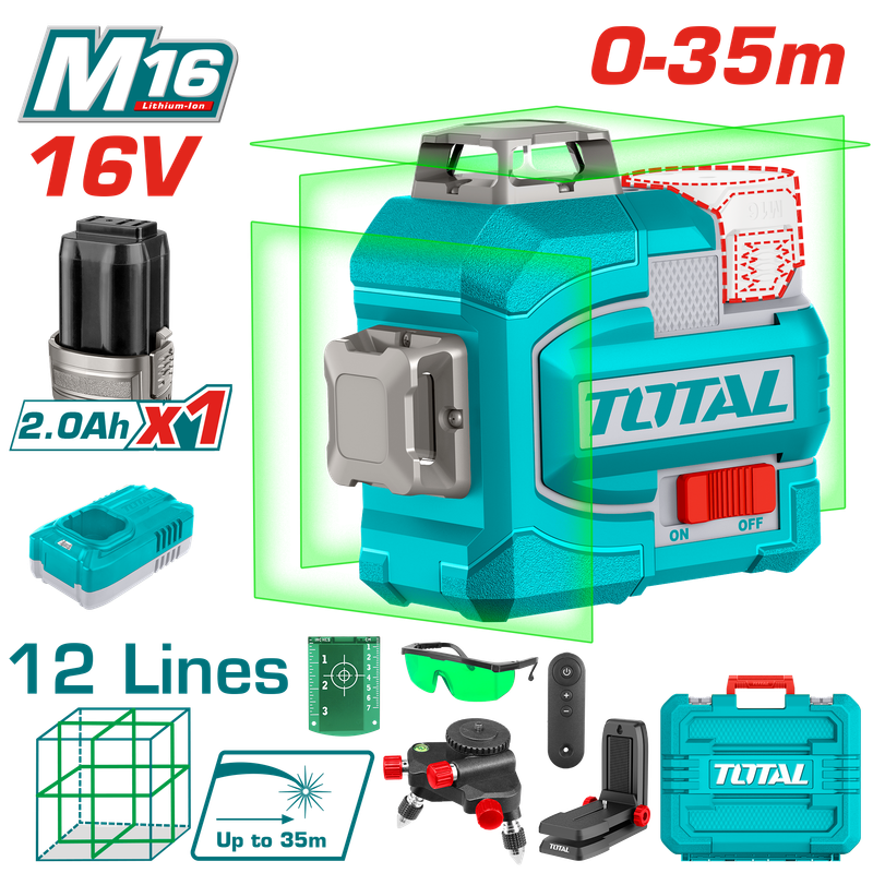 Total 3D Laser Level – 16V, Green Beam, Full Accessories- TLL301201