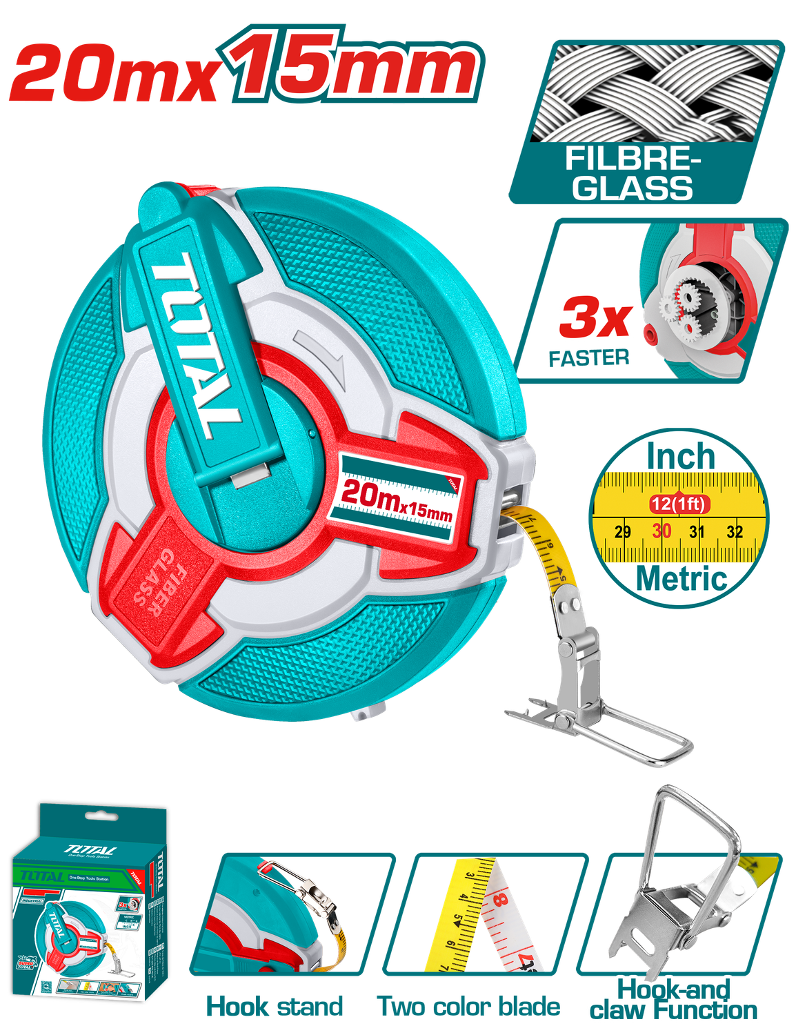 Total 20m Fibreglass Measuring Tape – 3:1 Gear- TMTF18206