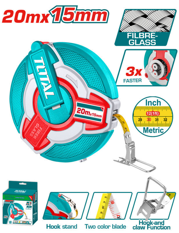 Total 20m Fibreglass Measuring Tape – 3:1 Gear- TMTF18206
