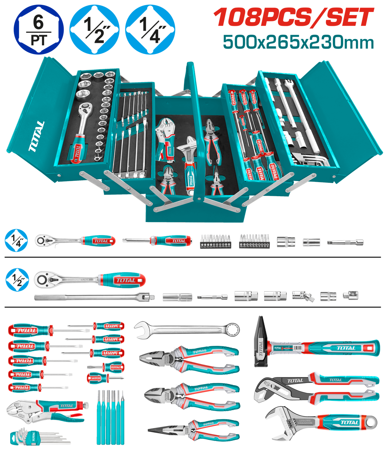Total 108 Pcs Tool Chest Set with Ratchets, Sockets, Screwdrivers &amp; More- THTCS121081