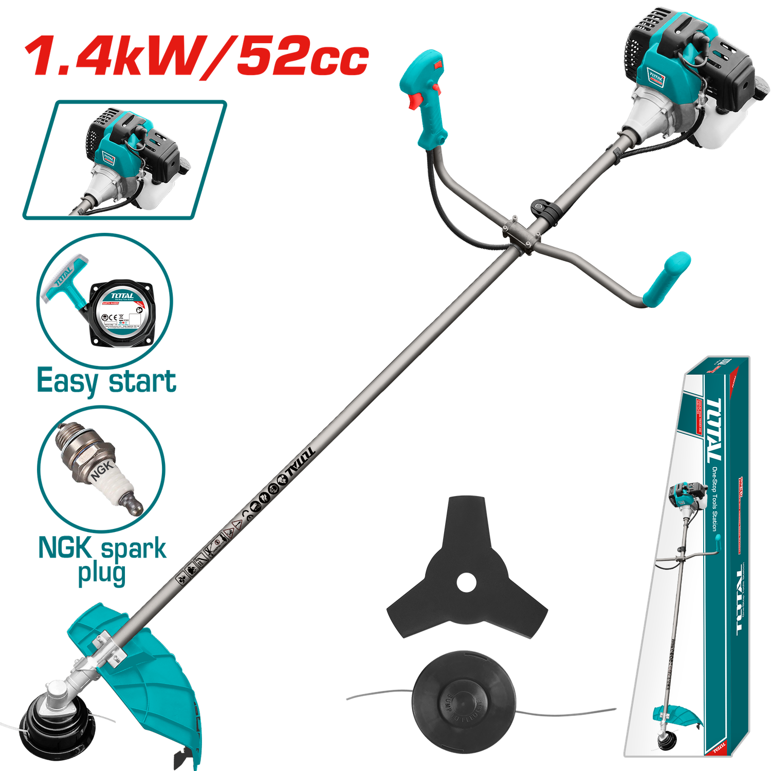 Total Gasoline Grass Trimmer &amp; Bush Cutter, 52cc, 2.2HP- TP5524411