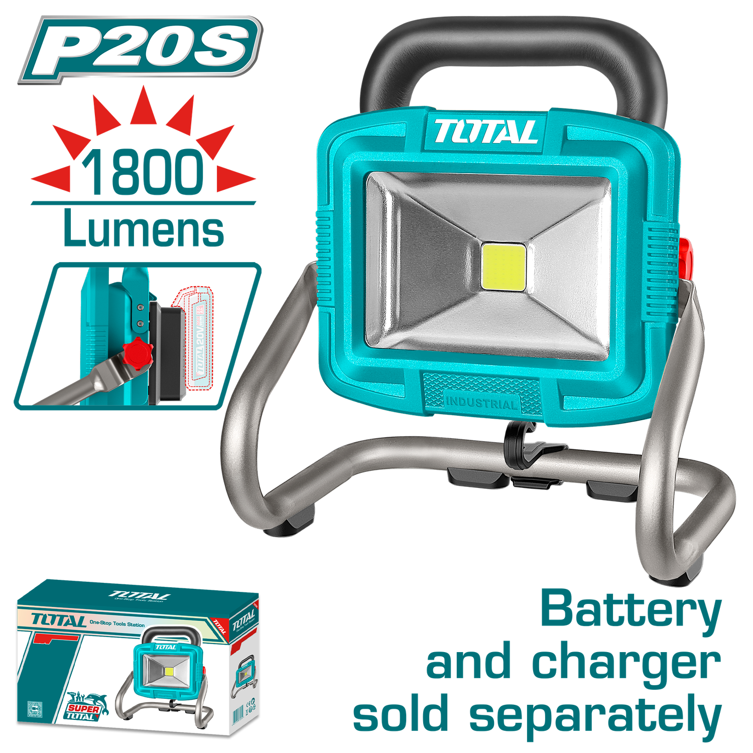 Cordless Portable LED Work Lamp, 20V Rechargeable Jobsite Light, 20W High-Output LED, 1800/900 Lumens Adjustable Brightness, Compact &amp; Durable Task Lighting-TWLI2025