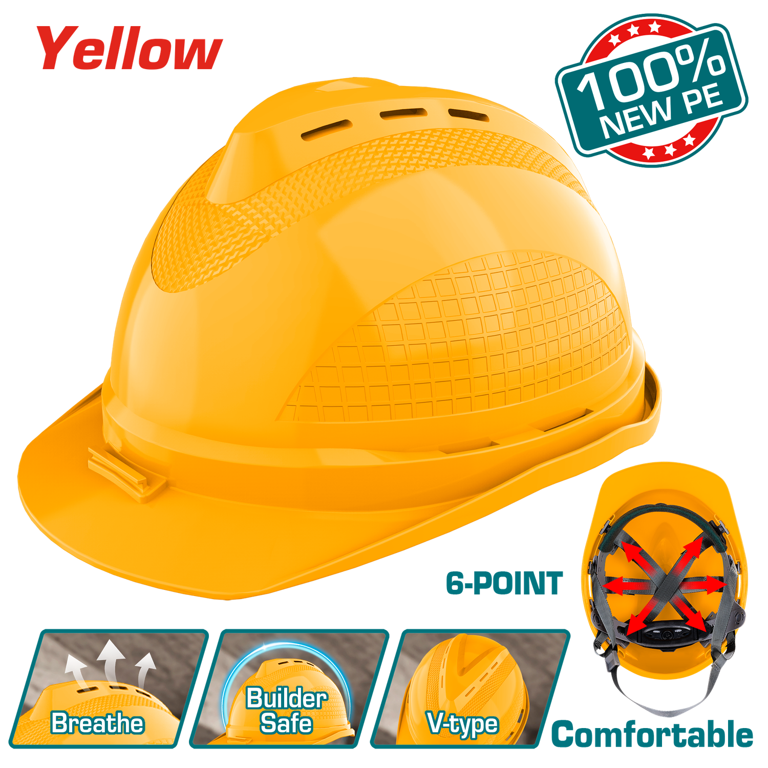 TSP8601 Safety Helmet, Yellow Hard Hat with Vented PE Shell, 6-Point Suspension, Ratchet Adjustment, “V”-Type Reinforced Top, Lightweight 380g