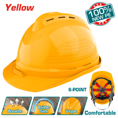 TSP8601 Safety Helmet, Yellow Hard Hat with Vented PE Shell, 6-Point Suspension, Ratchet Adjustment, “V”-Type Reinforced Top, Lightweight 380g