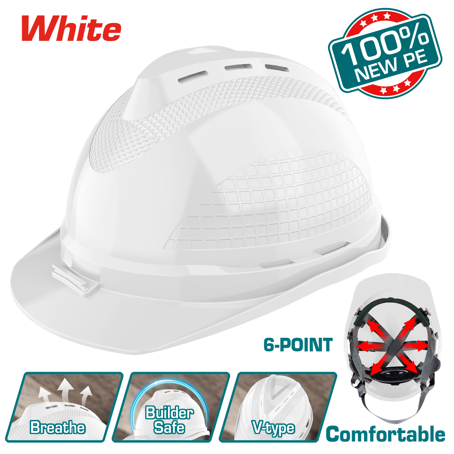 TSP8602 Safety Helmet, White Hard Hat with Vented PE Shell, 6-Point Suspension, Ratchet Adjustment, “V”-Type Reinforced Top, Lightweight 380g-TSP8602