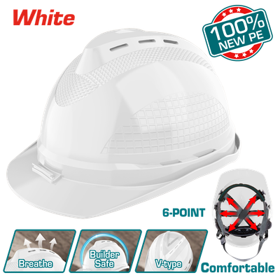 TSP8602 Safety Helmet, White Hard Hat with Vented PE Shell, 6-Point Suspension, Ratchet Adjustment, “V”-Type Reinforced Top, Lightweight 380g-TSP8602