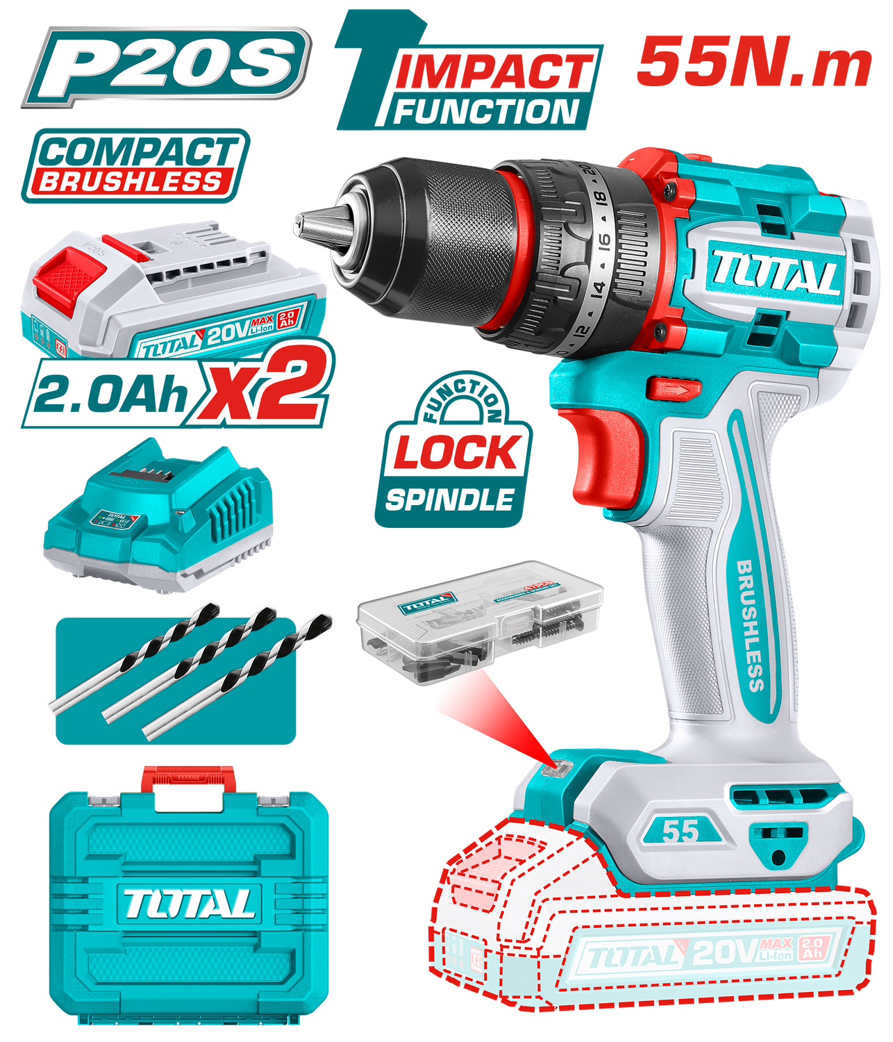 Total 20V 55Nm Brushless Cordless Drill with 2 Batteries, 47-Piece Accessory Kit &amp; Carrying Case- TIDLI20558