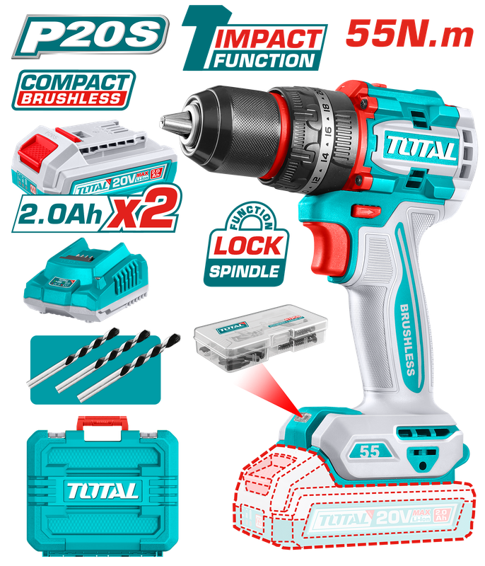 Total 20V 55Nm Brushless Cordless Drill with 2 Batteries, 47-Piece Accessory Kit &amp; Carrying Case- TIDLI20558