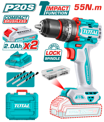 Total 20V 55Nm Brushless Cordless Drill with 2 Batteries, 47-Piece Accessory Kit &amp; Carrying Case- TIDLI20558