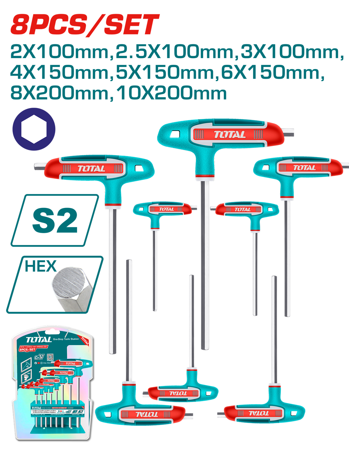 Total 8 Pcs T-handle Hex Wrench Set - THHW80816