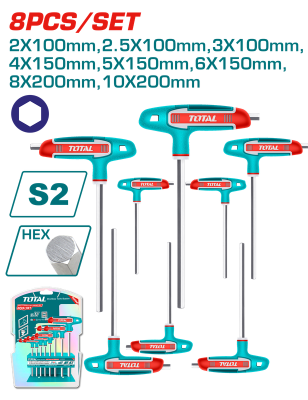 Total 8 Pcs T-handle Hex Wrench Set - THHW80816