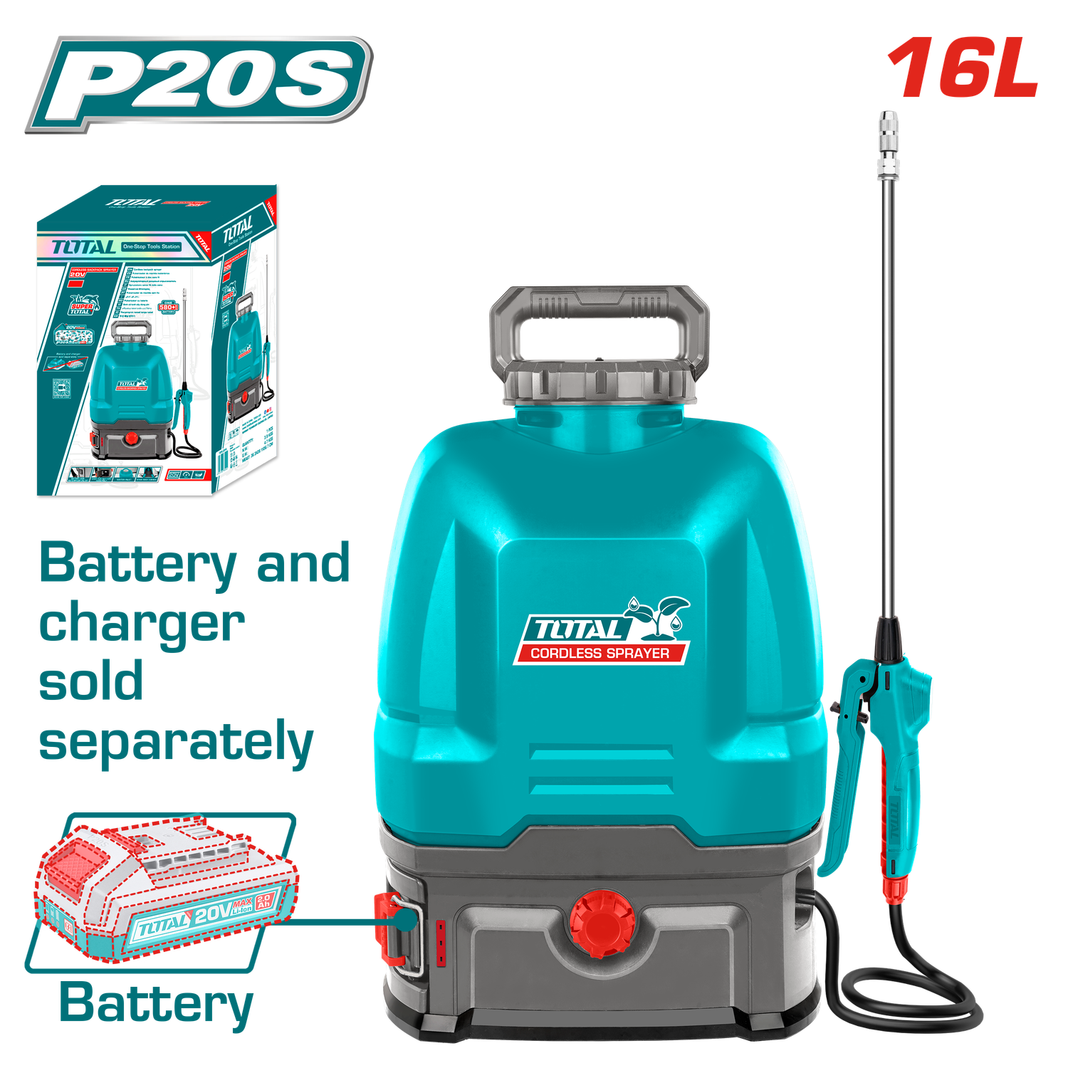 TOTAL 20V Cordless Battery Sprayer, 16L Portable Garden Sprayer, 5 Bar Pressure, Two-Speed Control, Stainless Steel Lance, 1.7L/min Flow, Long Spray Distance-TSPLI2016