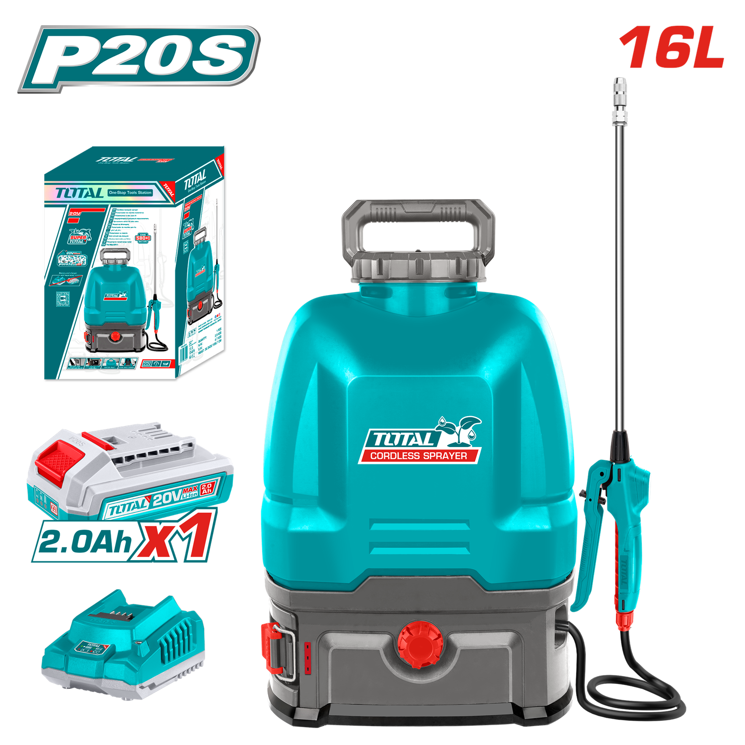 TOTAL 16L Cordless Battery Sprayer – 20V, 5 Bar Pressure, Two-Speed Control, Stainless Steel Lance, Includes 2.0Ah Battery &amp; Fast Charger-TSPLI20162