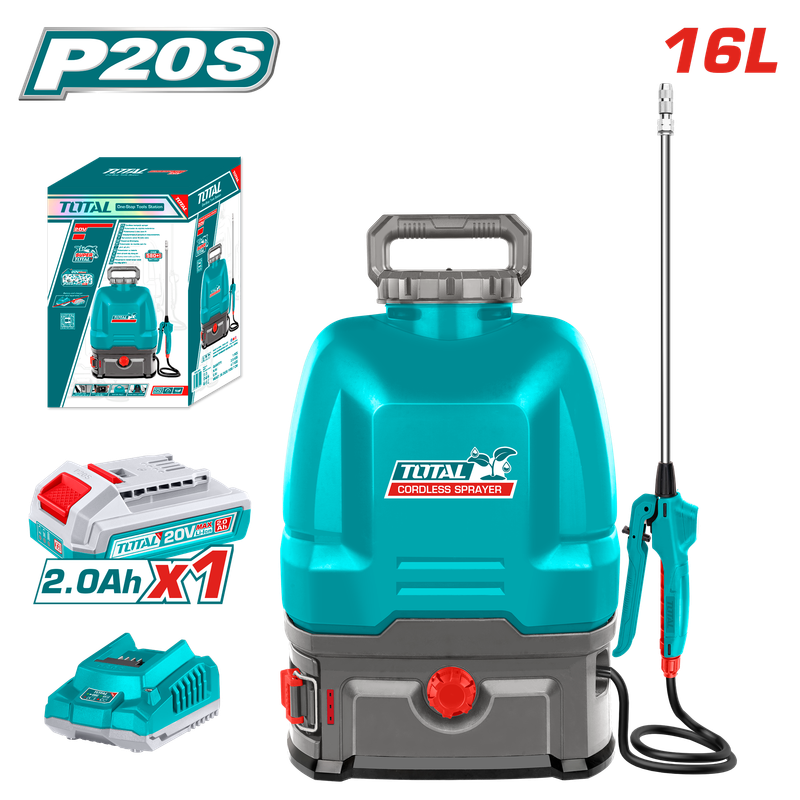 TOTAL 16L Cordless Battery Sprayer – 20V, 5 Bar Pressure, Two-Speed Control, Stainless Steel Lance, Includes 2.0Ah Battery &amp; Fast Charger-TSPLI20162