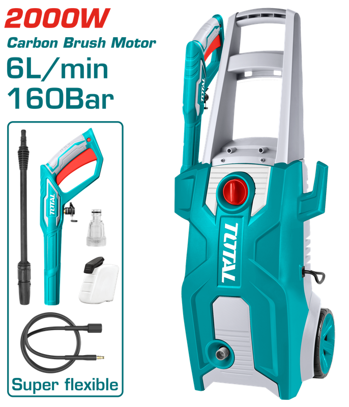 TOTAL High Pressure Washer – 2000W, 160 Bar (2320 PSI), Auto-Stop System, 6.0 L/min Flow Rate, Includes Spray Gun, 5m Hose &amp; Soap Bottle-TGT11376