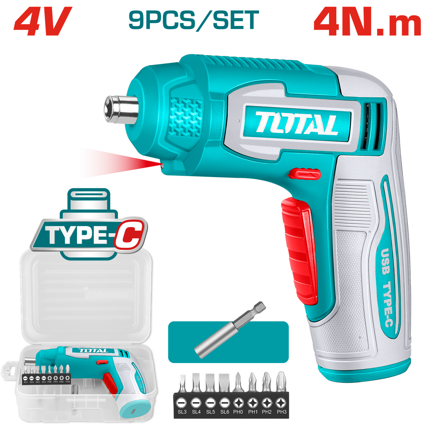 TOTAL 4V Cordless Screwdriver – 240 RPM, 4N·m Torque, Integrated Work Light, 1/4" Hex Shank, Includes 8 Cr-V Bits, Holder &amp; Connector, USB-C Charging-TSDLI0458