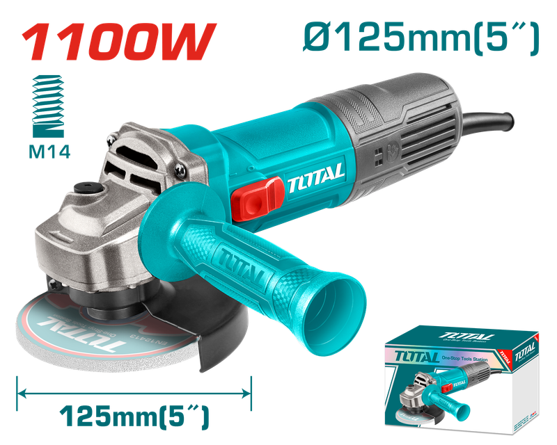 TOTAL 1100W Angle Grinder – 12000 RPM, 125mm Disc Size, M14 Spindle, Includes Auxiliary Handle, Heavy-Duty Electric Grinder-TG11012536