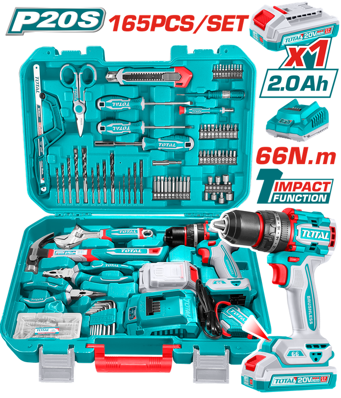 TOTAL 20V Cordless Impact Drill Kit with Battery, Charger &amp; 165-Piece Accessory Set-THKTHP11652