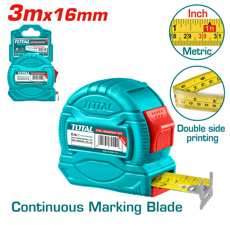 Total 3mx16mm Steel Measuring Tape TMT34316