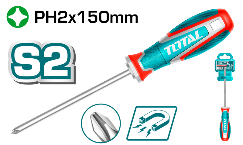 Total Phillips PH2 Magnetic Screwdriver – 150mm for Precision &amp; Power- TSDPH2150