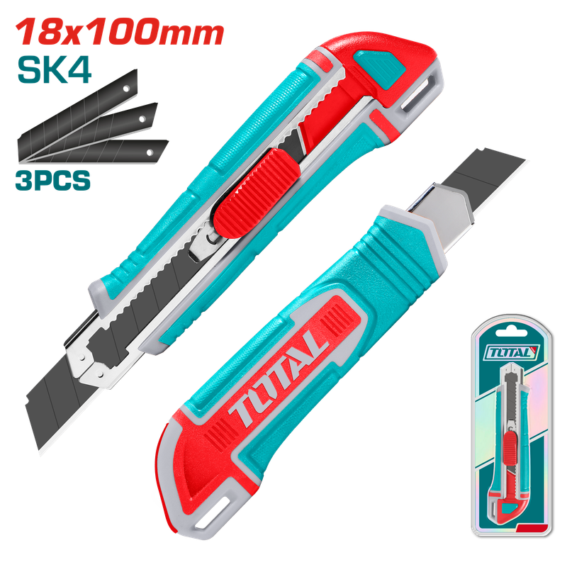 Total Heavy-Duty Snap-Off Blade Knife – 18mm SK4 Blades, Flat Push Button - THT522136 Total Heavy-Duty Snap-Off Blade Knife – 18mm SK4 Blades, Flat Push Button - THT522136
