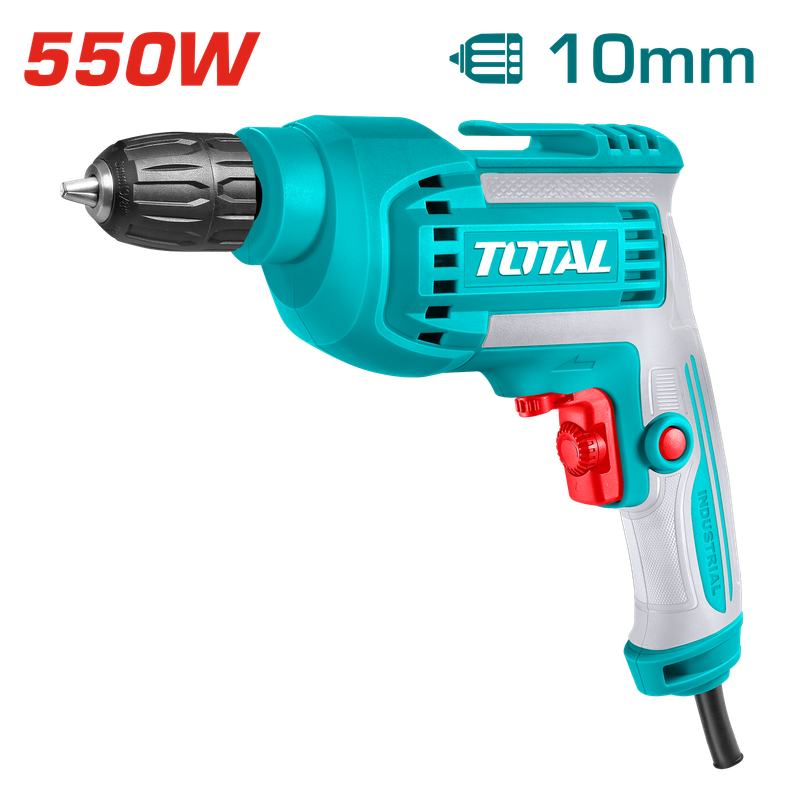 TOTAL 550W Electric Drill, 10mm Keyless Chuck, Variable Speed with Extra Carbon Brushes – TD551082