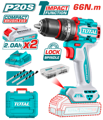 TOTAL 20V 66Nm Brushless Cordless Drill with 2 Batteries, 47-Piece Accessory Kit &amp; Carrying Case- TIDLI20668