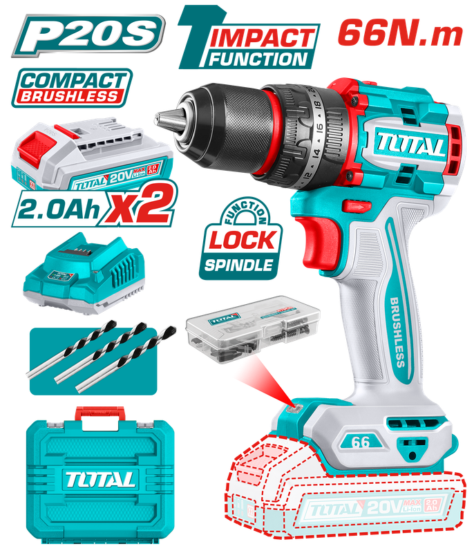 TOTAL 20V 66Nm Brushless Cordless Drill with 2 Batteries, 47-Piece Accessory Kit &amp; Carrying Case- TIDLI20668