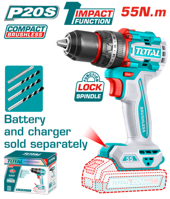 Total  20V Brushless Cordless Impact Drill – 2-Speed, 55Nm Torque, 13mm Chuck- TIDLI205581