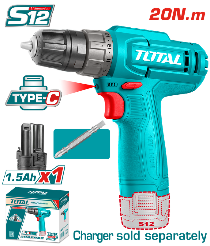 TOTAL 12V Cordless Drill Driver, 20Nm Torque, 10mm Chuck, 1.5Ah Battery – TDLI12456