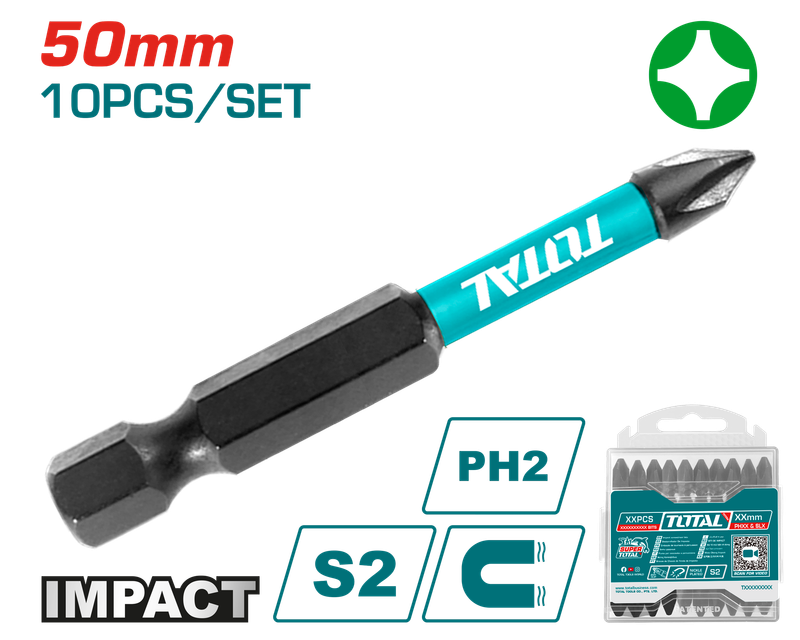 Total 50mm 10PCS Impact Screwdriver Bits Set - TACIM16PH223