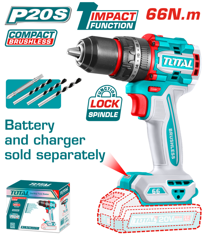 Total Cordless Brushless Impact Drill – 20V Power. Pro Control-TIDLI206681