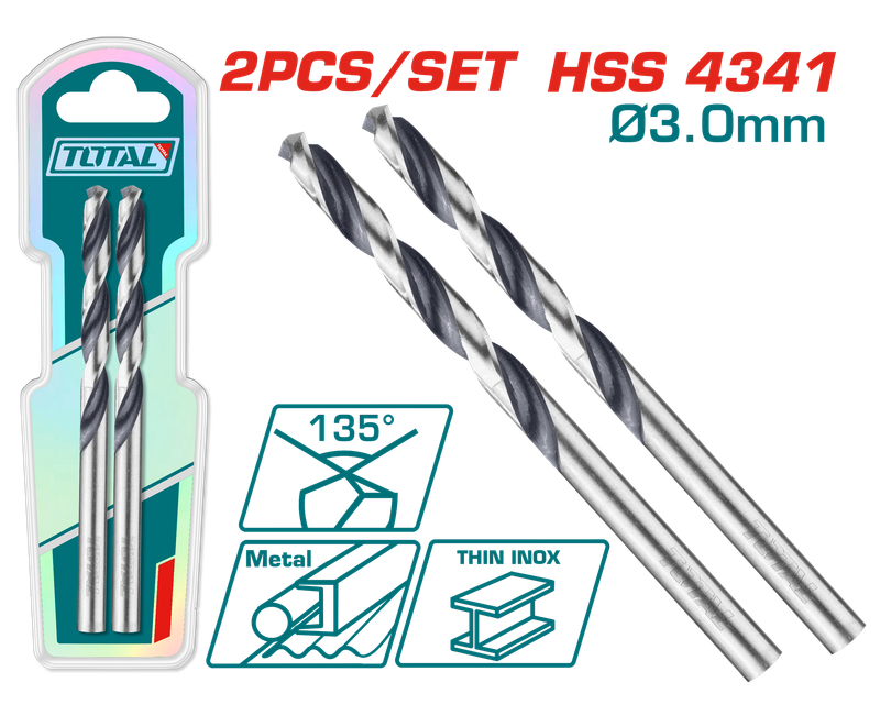Total HSS 4341 Twist Drill Bit Set – 3mm, 2pcs (TAC1200034)