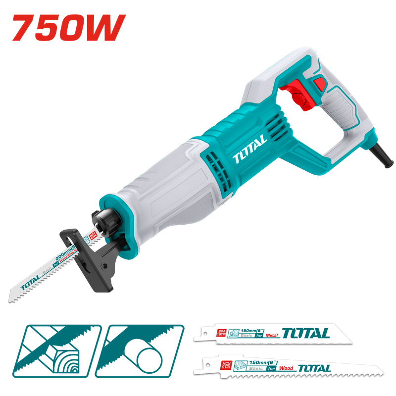 Total 750W Reciprocating Saw – Variable Speed, 115mm Cutting Depth, with Blades &amp; Accessories-TS100756