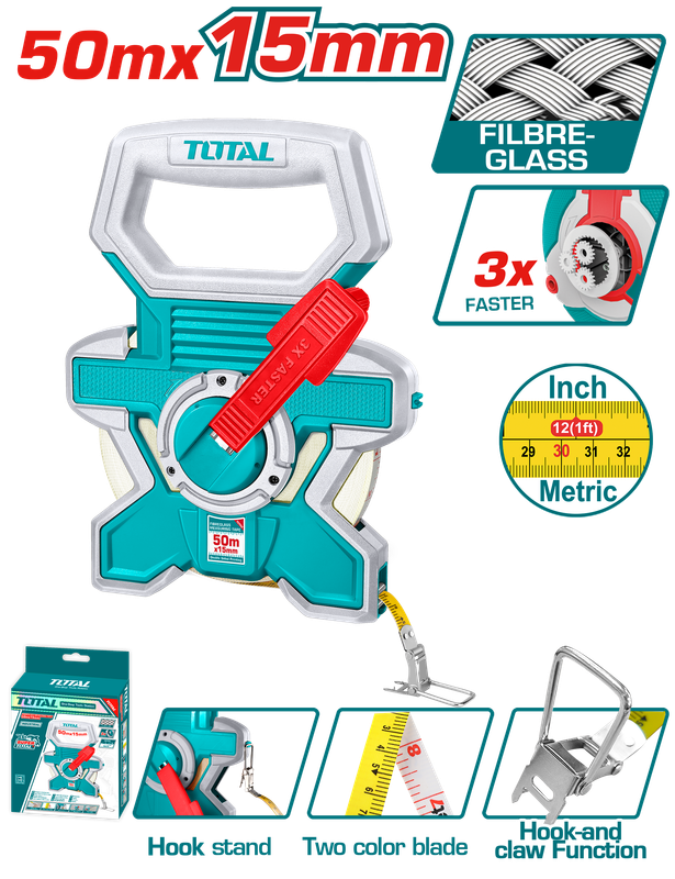 Total 50M x 15MM Fibreglass Measuring Tape – TMTF18506