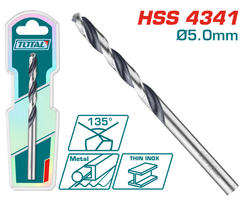 Total 5mm HSS 4341 Drill Bit with 135° Tip (Double Blister Pack-TAC1200504