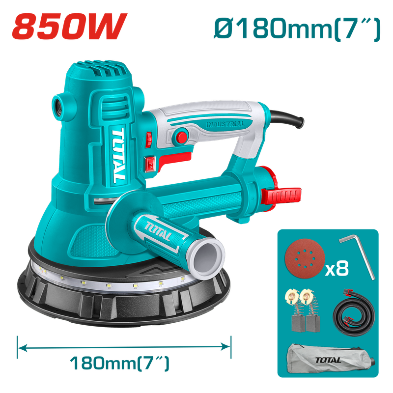 TOTAL 850W Drywall Sander with Light, 180mm Pad &amp; Dust Collection Kit- TDWS10508